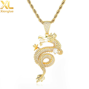 Bling Mythic <b>Iced</b> <b>Out</b> Silver Tone Micro Pave Cubic Zirconia Green Accent Chinese Dragon Pendant Necklace - Product Image 1