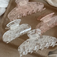 Élégantes pinces à cheveux en acétate transparentes à imprimé dentelle, grandes, avec strass étincelants, type griffe de requin, pour usage quotidien féminin