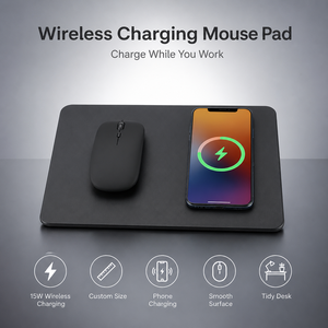 Tapis de souris de jeu à charge rapide sans fil Qi 15W, chargeur de téléphone non toxique, logo personnalisé imprimé, cuir imperméable - Product Image 1