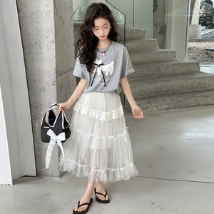 Conjunto de Ropa para Niña Grande, Verano 2026, Camiseta de Manga Corta <span class=keywords><strong>con</strong></span> Estampado Negro y Gris + Falda Tutú, 2 Piezas, Conjunto Dulce para Niña - Product Image 4