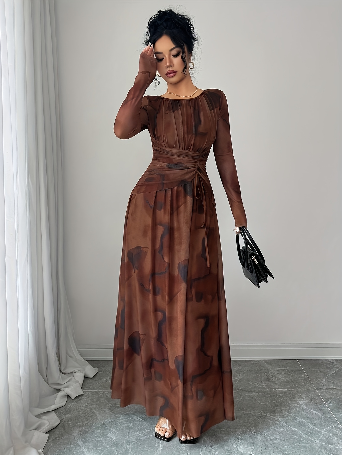 chinese dress ladies Brown Abstract Long Sleeve Mesh Tie Dye Midi Dress main image 1