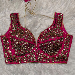 <b>Women</b> Rani <b>Pink</b> Bridal Designer Blouse with Real Mirror Zircon Heavy Handwork Embroidery - Product Image 1