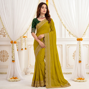 AARA Fashion Green Embroidered Silk Saree <b>Blouse</b> for Women Wedding Traditional Floor Length Regular Fit Sun Protection India - Product Image 1