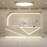 Meubles de salon de beauté au design moderne et créatif, comptoir de réception en bois beige avec éclairage LED, rangements et tiroirs