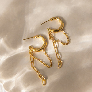 Boucles d'oreilles créoles à pampilles en acier inoxydable avec anneau en C pour femme, bijoux pendantes tendance, design géométrique automne-hiver - Product Image 4