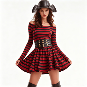 Costume de <span class=keywords><strong>pirate</strong></span> rayé rouge et noir sexy pour femmes, déguisement d'Halloween pour adultes avec chapeau et <span class=keywords><strong>ceinture</strong></span> - Product Image 6