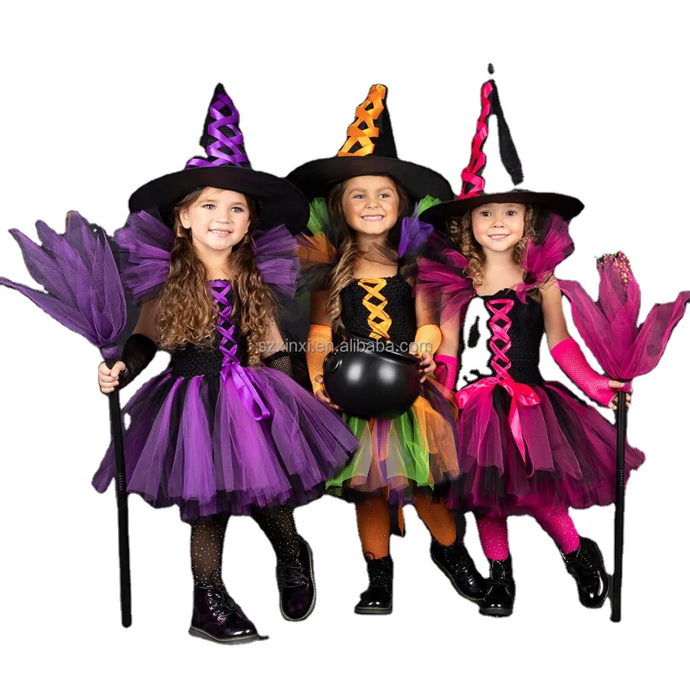 Groothandel Halloween Carnaval Cosplay Kostuum Tutu Knie Jurken Party Gifts Tulle Met Heksenhoed Bezem Dress Up Voor Meisjes