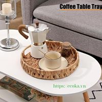 Plateau de table basse rond en rotin tressé écologique avec poignées, paniers de rangement en jacinthe d'eau