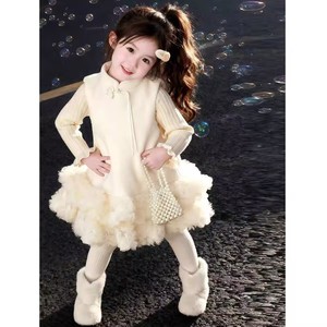 Girls Autumn Winter Warm Sweater With Puffy Princess Skirt Two Piece Set Off White Cotton Thickening Solid Color - Product Image 3