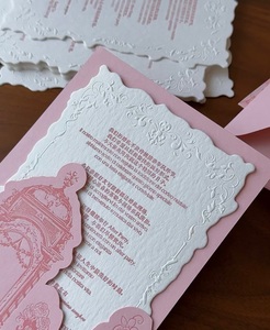 Invitation de <span class=keywords><strong>mariage</strong></span> de luxe en papier de coton texturé gaufré <span class=keywords><strong>rose</strong></span> et blanc, style jardin classique, avec découpe et superposition festonnée, impression personnalisée - Product Image 2