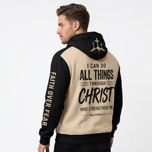 Sweat à capuche chrétien pour homme, beige et noir, 100% coton molletonné, écologique, avec poche, motif Faith Fear Walk <span class=keywords><strong>Philippians</strong></span> 4:13, décontracté - Product Image 3