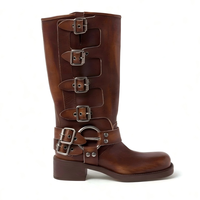 Bottes de motard personnalisables marron vieilli à multiples boucles pour femme, style western rétro, mi-mollet, à talon épais