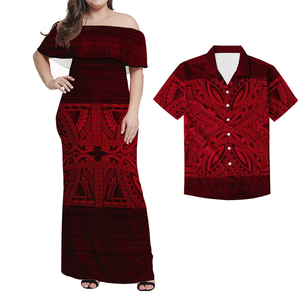 Red Polynesian Samoa Tribal Print Summer Women Ruffle Off Shoulder Dresses Match Men Shirts Couple Clothes 2 pcs Sets