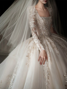 S2901N 2026 Vestido de Novia de <span class=keywords><strong>Alta</strong></span> <span class=keywords><strong>Costura</strong></span> Estilo Francés, Lujoso, de Manga Larga, Cuello Cuadrado, Satinado, con Cola Larga, Estilo Princesa - Product Image 5