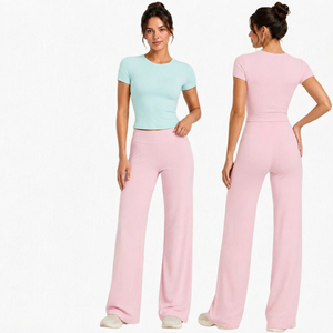 Conjunto de Yoga de 2 Piezas para Mujer, Camiseta Corta de Manga Corta, Pantalones Anchos con Cintura Elástica, Transpirables, con Logotipo Frontal, Ropa Deportiva - Product Image 1