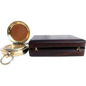 Boussole de poche en laiton à cadran analogique, outil de navigation portable pour la randonnée, guide de direction avec boîte en bois - Product Image 6