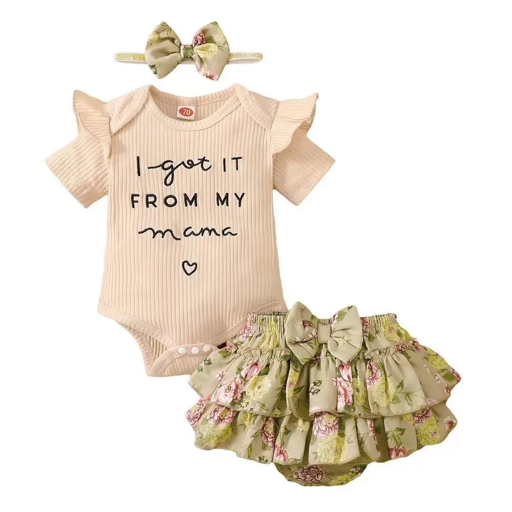 Fabrik Großhandel Sommer Baby Rock Mädchen Kleidung gedruckt Kurzarm T-Shirt Top Shorts 3PCS Sets