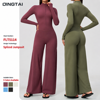 Combinaison athleisure pour femme à demi-zip, manches longues, col montant, jambes larges, passe-pouces, en nylon brossé et élasthanne, anti-humidité