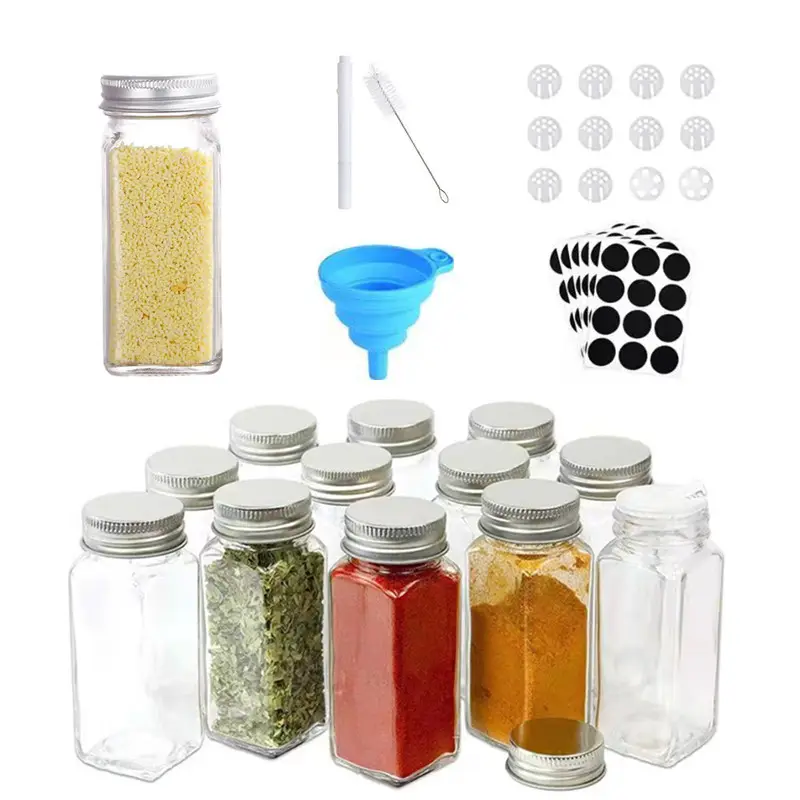 Barattoli di spezie in vetro bottiglie con etichette per spezie contenitori per spezie quadrati vuoti coperchi per Shaker per condimenti coperchio ermetico in metallo spice-AN9