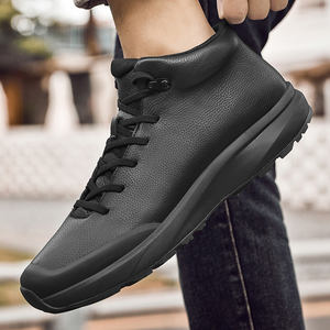 Baskets mi-montantes pour hommes en cuir de vachette pleine fleur, anti-choc, noires tendance, pour l'hiver et la randonnée en extérieur, avec semelle MD+ en caoutchouc et lacets avant, style décontracté - Product Image 5