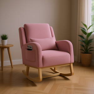 Fauteuil à bascule moderne à dossier haut en tissu Teddy avec pieds en bois, pour salon, avec coussin lombaire et poches latérales - Product Image 2