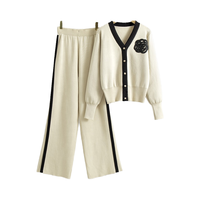 2024 automne et hiver nouveau pull ensemble col en v à manches longues Cardigan haut et pantalon ample à jambes larges solide tricot deux pièces ensemble