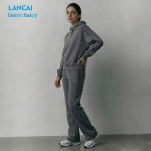 Cotton Tracksuits Manufacturer Custom Embroidery Relaxed Fit Hoodie and Straight Leg Sweatpants <b>Set</b> 2 Piece for Women - Product Image 2