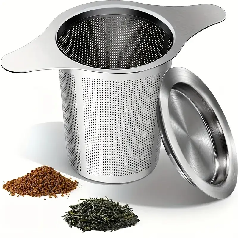 Colador de té de acero inoxidable 304 con logotipo personalizado con tapa, colador extrafina de malla, cesta de elaboración para filtro de té de hojas sueltas