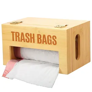 Trash Bag Dispenser Roll Holder Garbage Bag Holder For Cabinet Bamboo Wall Mounted Kitchen Trash Can Liner Organizer