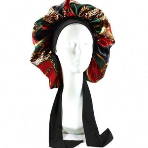 Bonnet de nuit en satin de soie grande taille avec long ruban à nouer, broderie, réversible, double couche, pour femme - Product Image 3