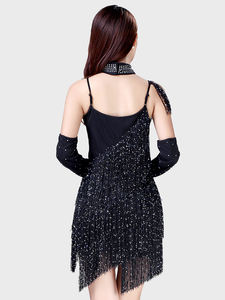Robe de <span class=keywords><strong>danse</strong></span> latine à col en V et bretelles spaghetti, ensemble 3 pièces pour dame, sexy, <span class=keywords><strong>classique</strong></span>, de couleur noire - Product Image 3