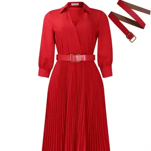 High Quality New Style Women Long Sleeves V-neck Temperament Large Size Pleated Skirt Midi Office Lady Dress With Belt