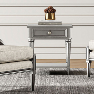 French Vintage Solid Oak <strong>Bedside</strong> <strong>Table</strong> <strong>Antiqued</strong> Grey Nightstand Modern Home Bedroom Furniture for Hotel Living Room 1 Drawer - Product Image 2