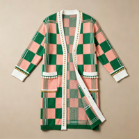Ensemble 2 pièces pour femmes, tenues d'automne et d'hiver, pulls en tricot jacquard à carreaux rose et vert, cardigan long à ouverture sur le devant avec perles