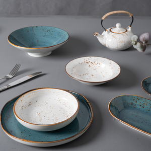 Plato Hondo Redondo de Porcelana Cerámica Rústica con Diseño Moteado P&T <span class=keywords><strong>para</strong></span> Servir la <span class=keywords><strong>Cena</strong></span> en Restaurantes y Hoteles (Venta al Por Mayor) - Product Image 4