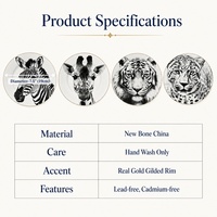 Lot de 4 assiettes en porcelaine artistiques à motifs animaux dessinés à la main, bord doré, en New Bone China, 7,5 pouces, pour desserts, cadeau de luxe pour la maison, OEM ODM
