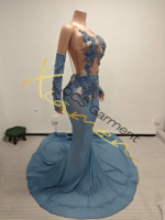 Ocstrade Pronto per la Spedizione - Contattaci Prima dell'Ordine, Abito da Sera con Glitter Azzurro, Strass e Rete Trasparente per Donna, Collezione 2026