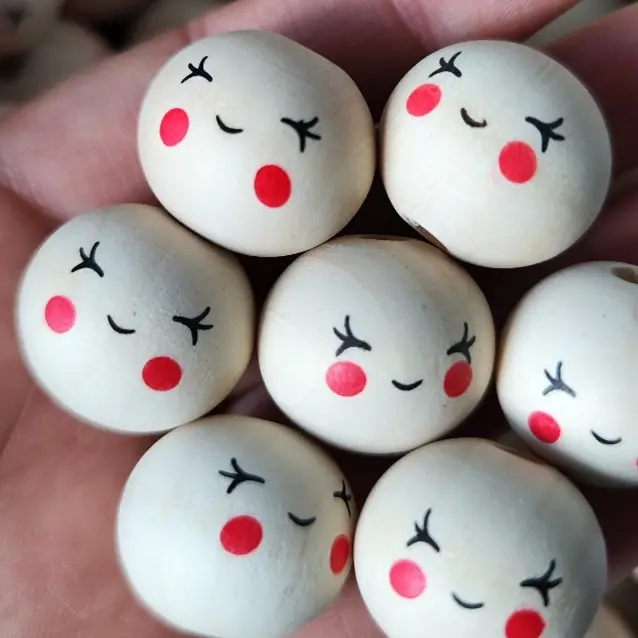 Perle en bois ronde Perles emojis en bois naturel