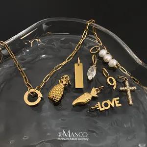 Collana eManco in acciaio inossidabile color oro stile Y2K con ciondoli a forma di ananas, LOVE, perle e cristalli, gioielli alla moda all'ingrosso. - Product Image 1