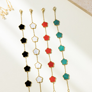 Pulsera <span class=keywords><strong>de</strong></span> Acero Inoxidable Chapada en Oro <span class=keywords><strong>de</strong></span> 18K con Flor <span class=keywords><strong>de</strong></span> Trébol <span class=keywords><strong>de</strong></span> Cinco Hojas, Joyería <span class=keywords><strong>de</strong></span> Marca Famosa, Pulsera con Dije <span class=keywords><strong>de</strong></span> Flor, ¡Venta Caliente! - Product Image 1
