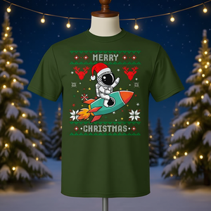 Camiseta con diseño de astronauta navideño feo montado en una cohete y sombrero de Papá Noel - Product Image 3