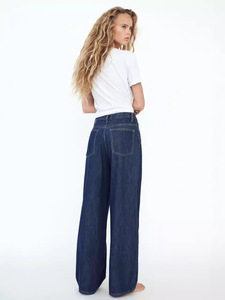 <b>Women</b> High Rise Vintage Denim Wide Leg <b>Jeans</b> Embroidery Rivet <b>Button</b> Elastic Loose Oblique <b>Fly</b> Woven Breathable Baggy - Product Image 2