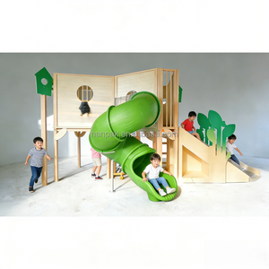 Equipo de juegos interior comercial de madera con temática de <span class=keywords><strong>casa</strong></span> <span class=keywords><strong>del</strong></span> árbol, sensorial, con tobogán y casita de juegos para niños, para cafeterías de juegos, centros comerciales y guarderías - Product Image 1