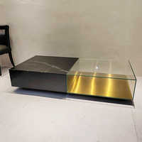 Table basse carrée de luxe avec plateau en marbre noir et blanc et verre trempé, personnalisable pour salon, maison, villa, mobilier