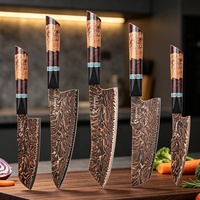 5-delige koperen Damascus koksmessenset, brons golfpatroon lemmet, tweekleurig gestabiliseerd burl hout, rode hars handvat met turquoise ring