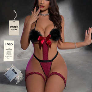 Conjunto de Dos Piezas de Lencería Sexy con Encaje y Diseño de Gatita de Tres Puntas, con Lazo, Bralette sin Costuras con Push-Up para Mujeres y Chicas - Product Image 1