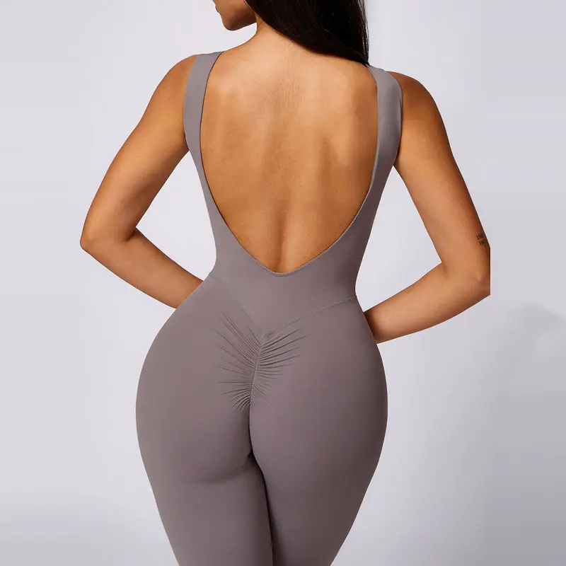 Sleeveless Flare Jumpsuits for Women Active Wear Sexy Backless Bodycon U Back Scrunch Butt Yoga Rompers Gym Set Workout Bodysuit