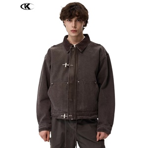 Chaqueta de Trabajo Lavada de Alta Calidad para Hombre 11KN - Abrigo Casual Oversize con Cuello de Pana y Hebilla Metálica, Proveedor Mayorista Directo de Fábrica - Product Image 4