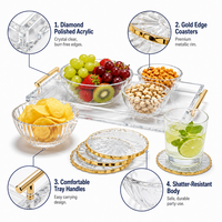 Plateau de service personnalisé en acrylique usiné CNC, bols, sous-verres, poignées dorées, décor transparent comme du cristal, services de fraisage et de perçage