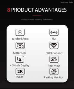 Caméra embarquée A6-43 Pro 2K+1K avec écran tactile 4,5 pouces, CarPlay, Android Auto, surveillance de stationnement 24h/24, double objectif, angle de 130-150°, Wi-Fi intégré, FM - Product Image 2